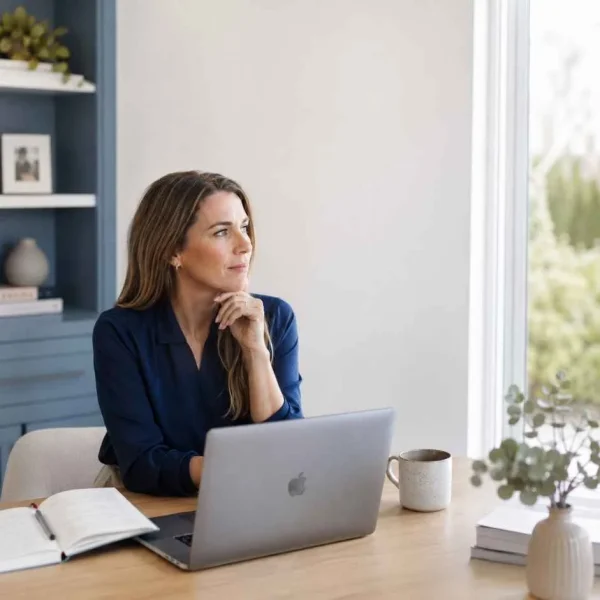 woman sitting at desk, looking to the right side contemplatively